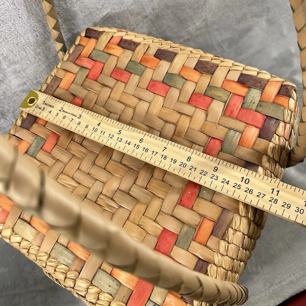 Mexican Square Basket W/‎ Handles & Lid, Colorful Woven Straw Boho Picnic Beach